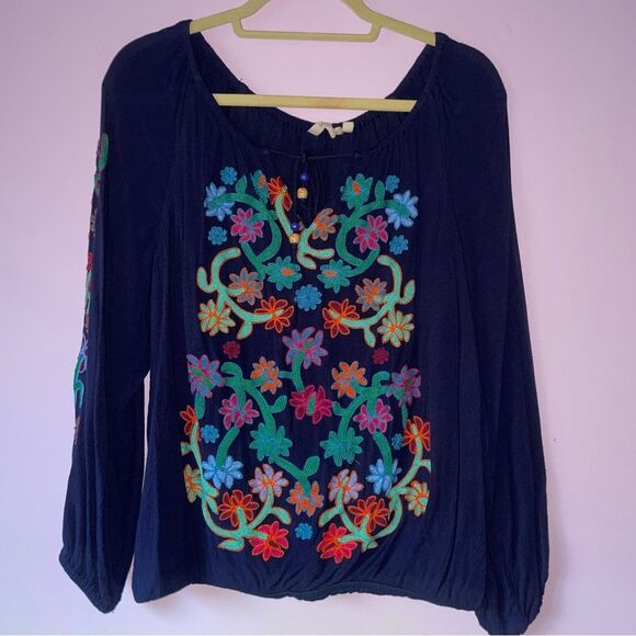 Soft Surroundings Size L Boho Floral Embroidered Navy Blouse Top - Picture 1 of 8